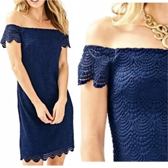 LILLY PULITZER Jade Mini Dress Navy Blue Off The Shoulder Cocktail - Picture 4 of 12